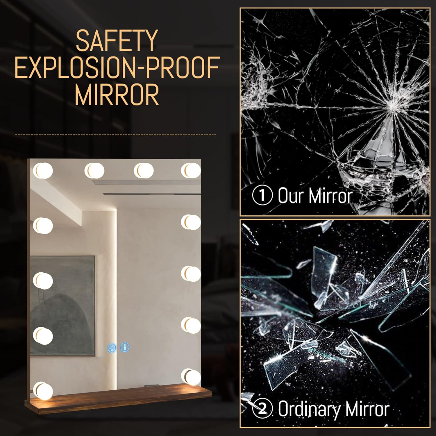 LVSOMT Espejo de tocador con luces, espejo de maquillaje iluminado para escritorio, espejo de tocador de Hollywood con organizador de maquillaje, 3