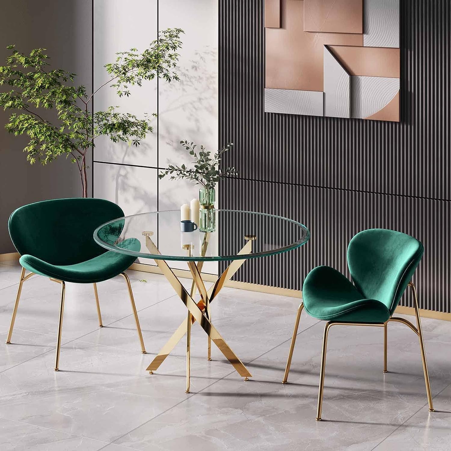 Mesa de comedor redonda de 36 pulgadas, mesa de comedor moderna con base de acero inoxidable dorado, mesa de comedor circular de vidrio templado