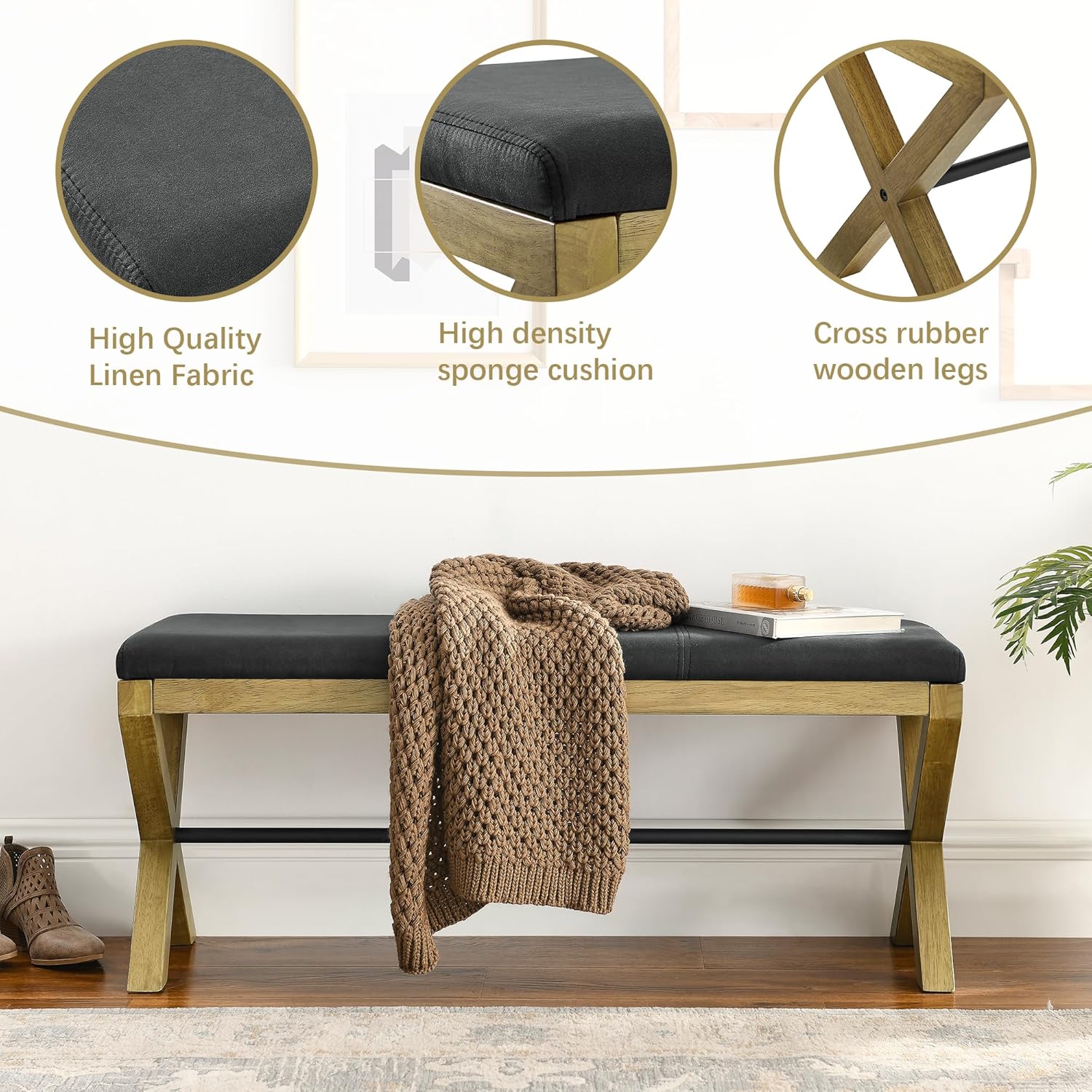 TEFUNE Otomanas de almacenamiento acolchadas, taburete de dormitorio, taburete de cama tejido con patas de madera cruzadas, adecuado para sala de