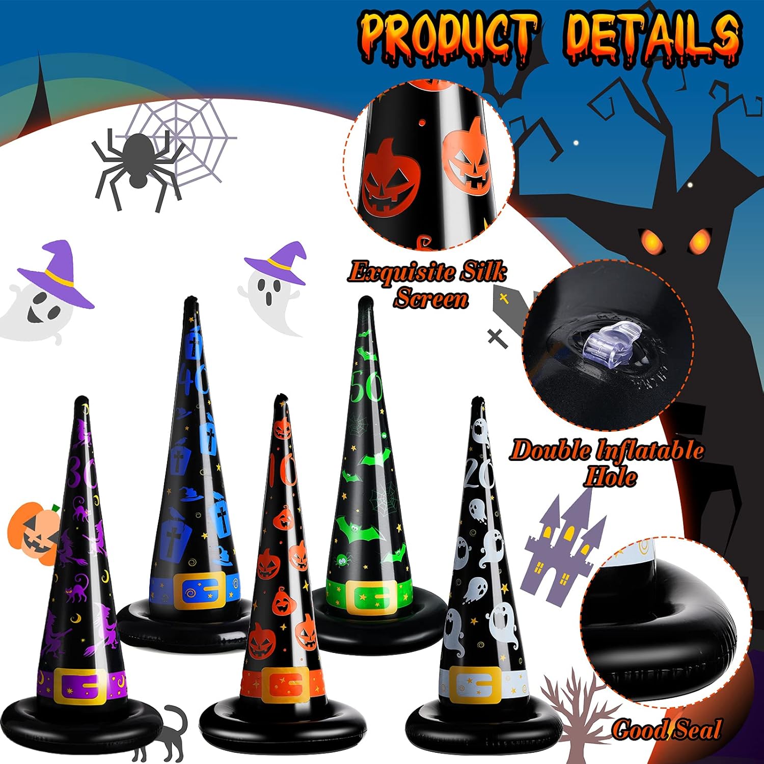 31 piezas de juegos de fiesta de Halloween, juego de lanzamiento de anillos de Halloween, sombrero de bruja inflable, incluye 10 sombreros de bruja