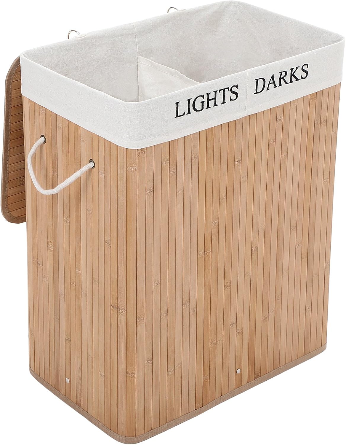 SONGMICS 100L (24.6 x 20.5 x 12.6 in) cesta de lavandería plegable de bambú con 2 compartimentos cesta de lavandería con bolsa de lavandería