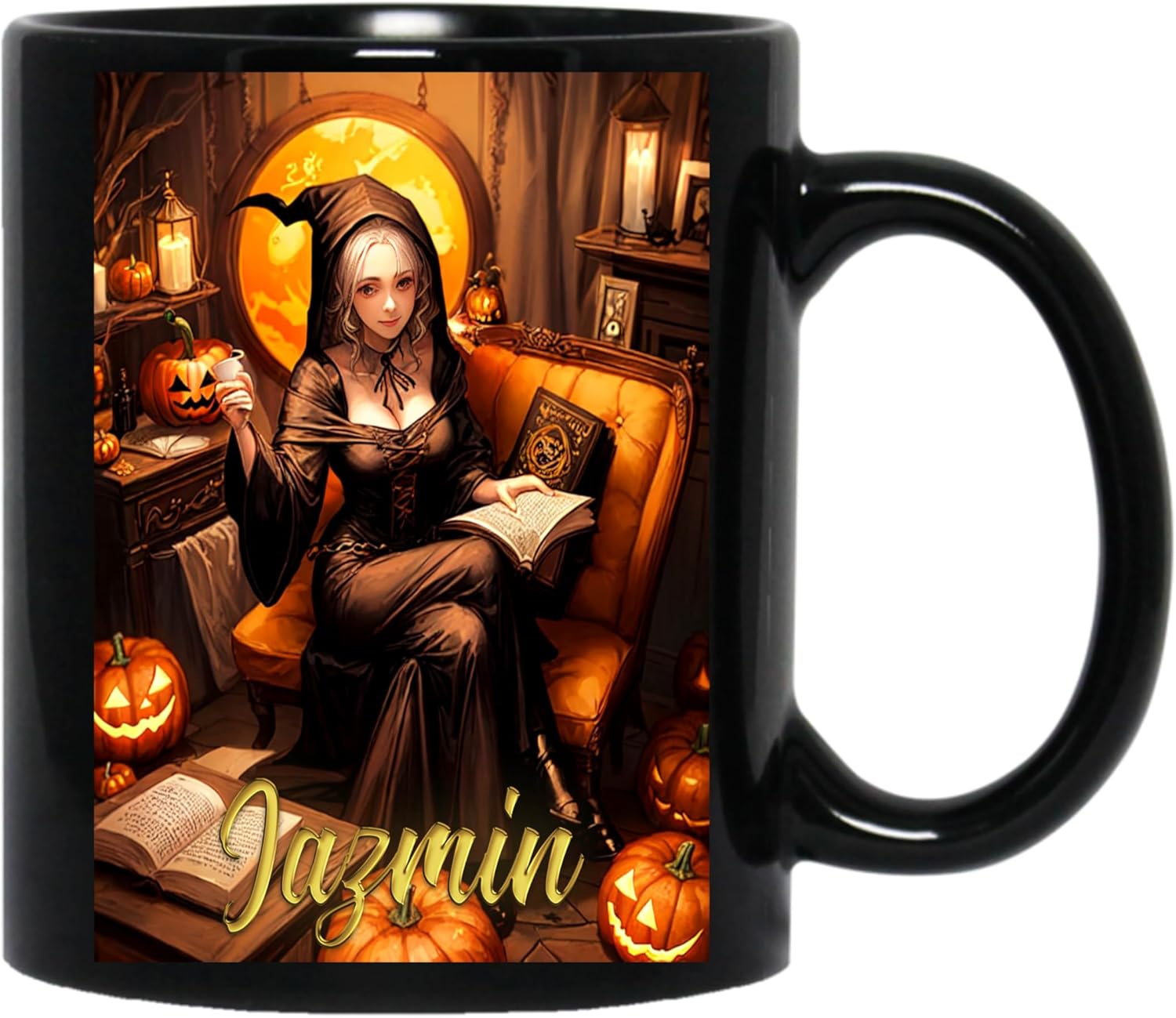 Personalized Beautiful Jazmin Witch Custom Name Witch Mug, Personalized Halloween Cup, Witch Halloween Gift with Your Name or Text in Black Mug 11oz