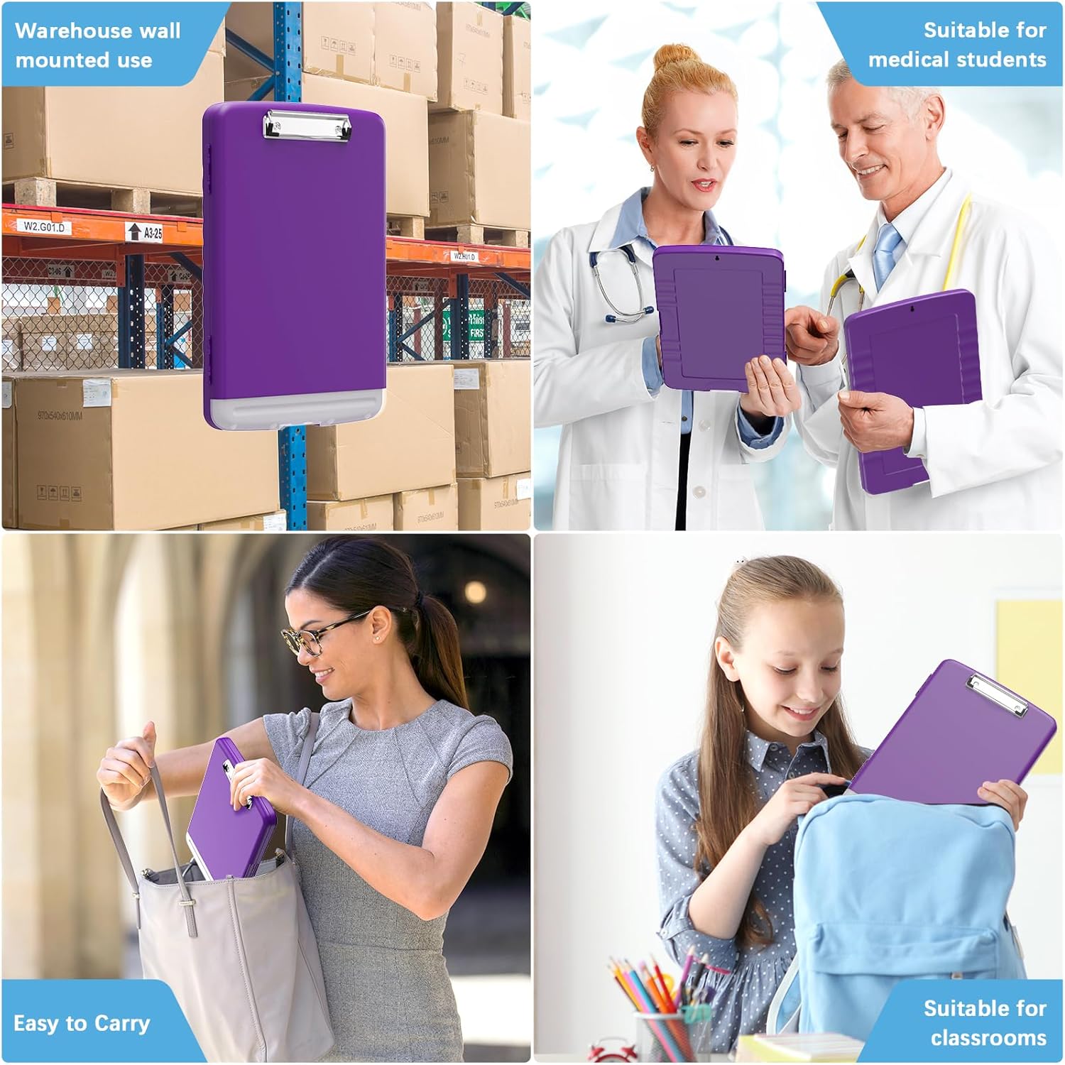 Hongri Juego de 2 portapapeles de plástico con almacenamiento, portapapeles de enfermería con apertura lateral, clips resistentes, caja de