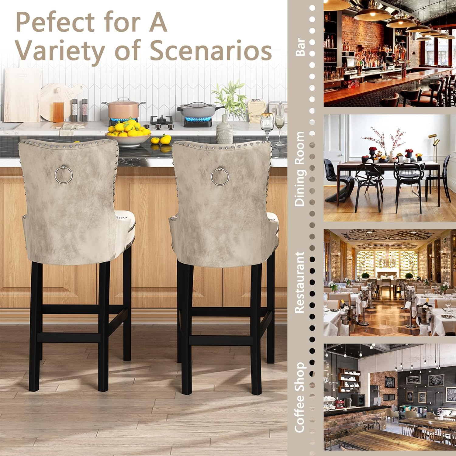 Recaceik Juego de 2 taburetes de bar de terciopelo con altura de mostrador, taburetes de bar tapizados con respaldo, taburete de cocina de 27
