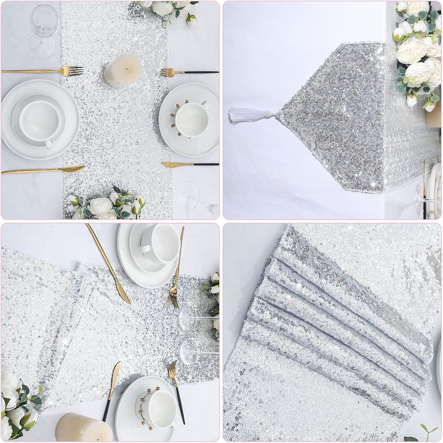 Tatuo Camino de mesa de lentejuelas con borlas para bodas, fiestas, mesa de 12 x 72 pulgadas, camino de mesa de lentejuelas con purpurina, elegante