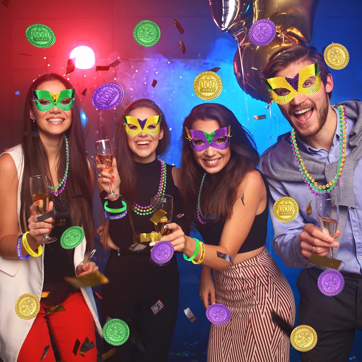 120 unidades de Mardi Gras, recuerdos de fiesta, Mardi Gras, máscaras de ojos de plástico, morado, verde, dorado, monedas, collares, pulseras de