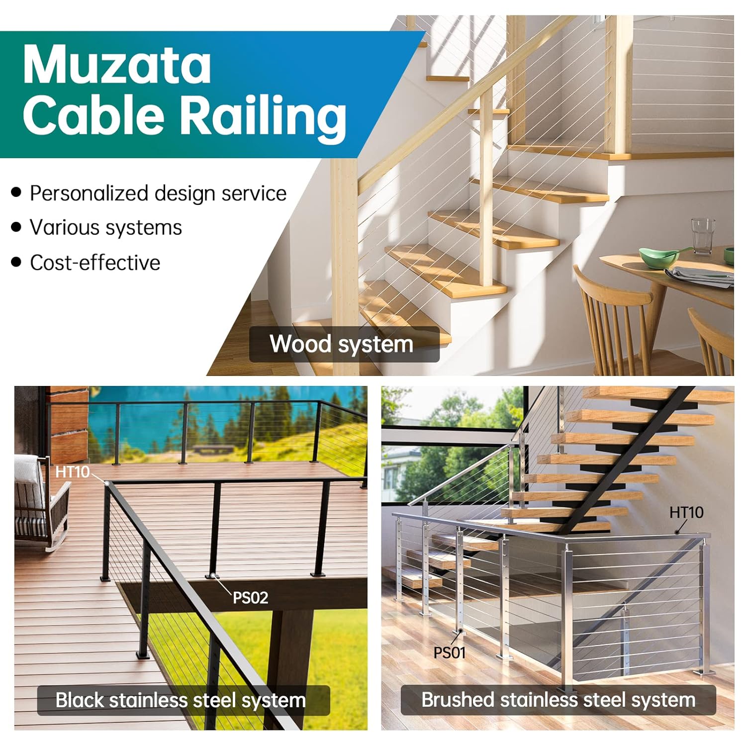 Muzata Kit de barandillas de cable de 18 pulgadas, accesorios de tensor de palanca de ajuste de acero inoxidable T316 para poste de madera, ángulo