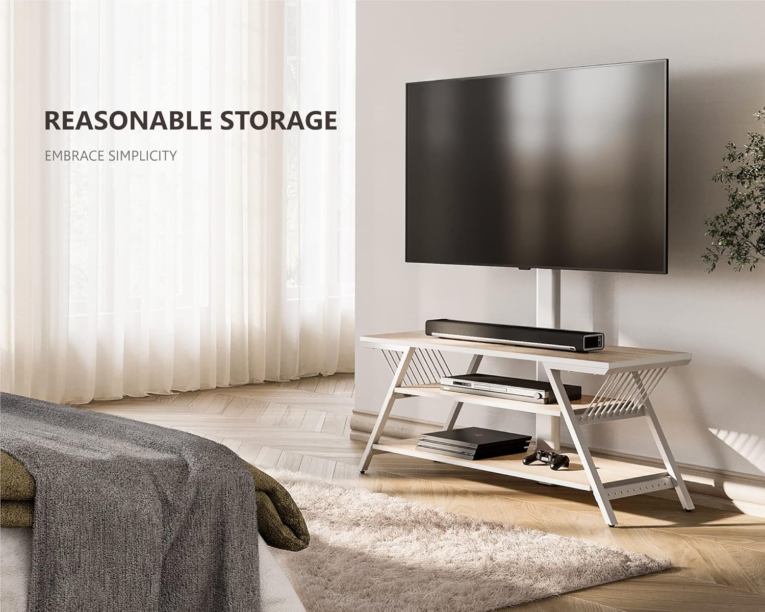FITUEYES Soporte de TV de madera con soporte para TVS de 32 a 65 pulgadas con soporte para pantallas curvas planas LCDLED, altura ajustable, gestión