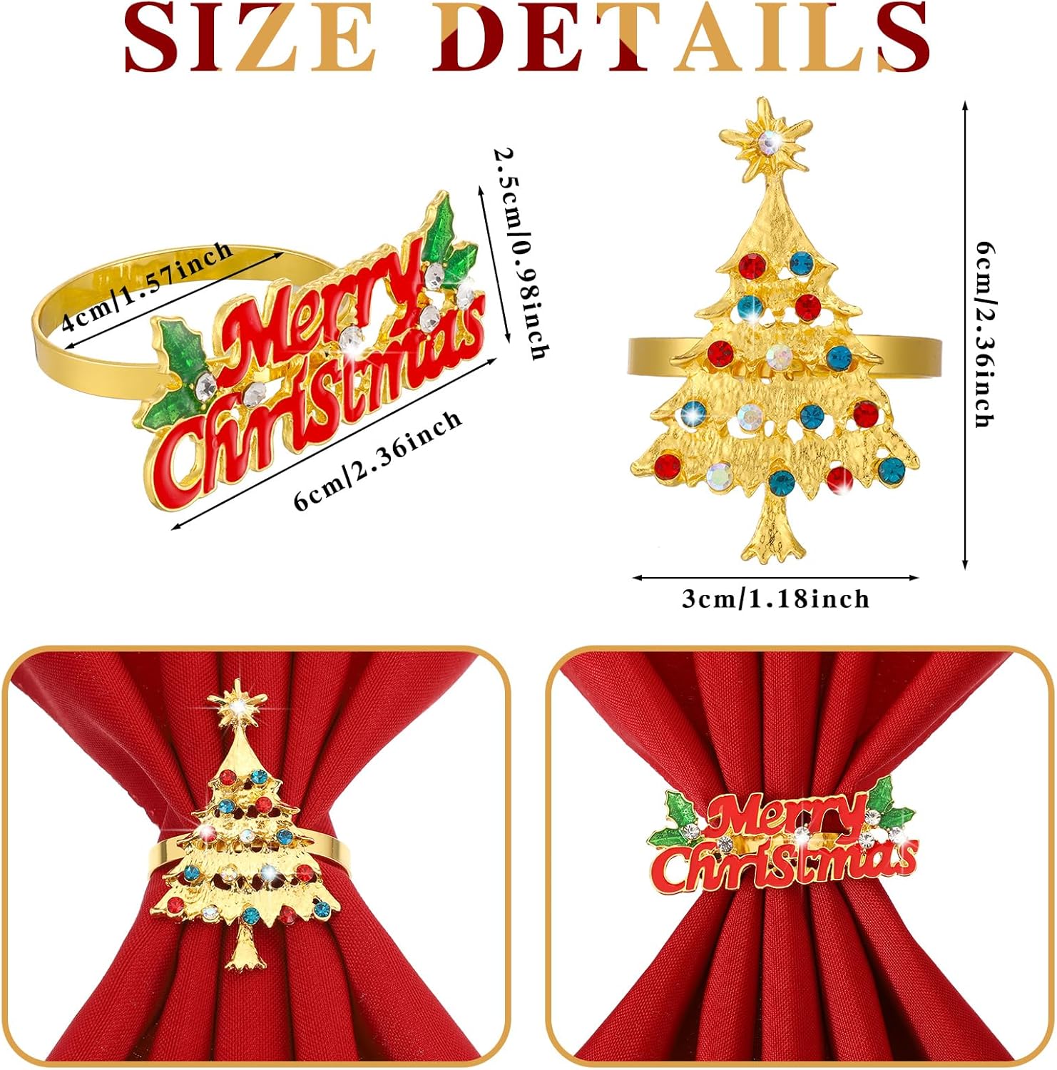 Sliner Juego de 24 servilletas y anillos de Navidad, 12 servilletas de Navidad lavables de color rojo y 12 servilleteros de Navidad para cenas