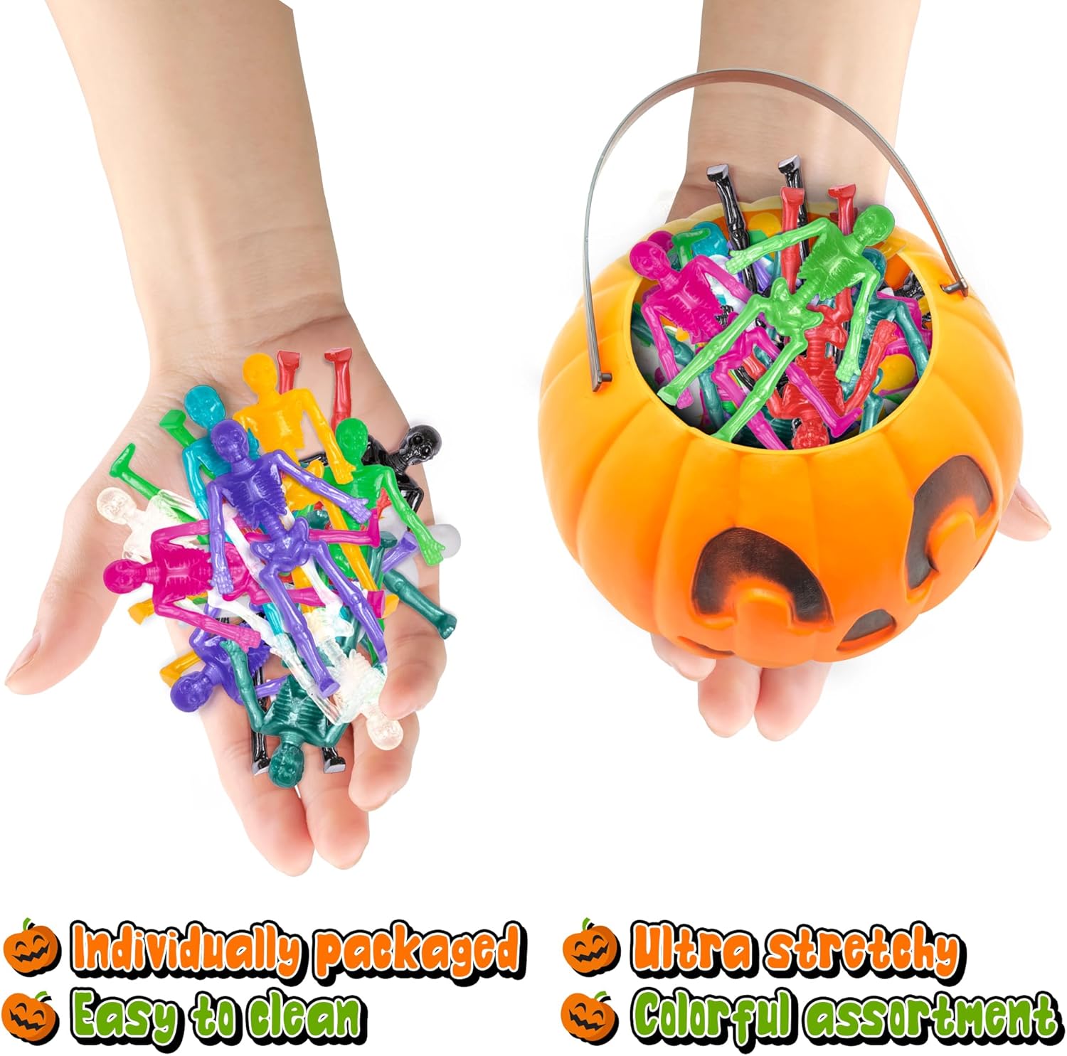 ArtCreativity Juguetes de esqueleto súper elásticos, juego de 48 juguetes de Halloween para niños en 10 colores vibrantes, elásticos 7 veces su