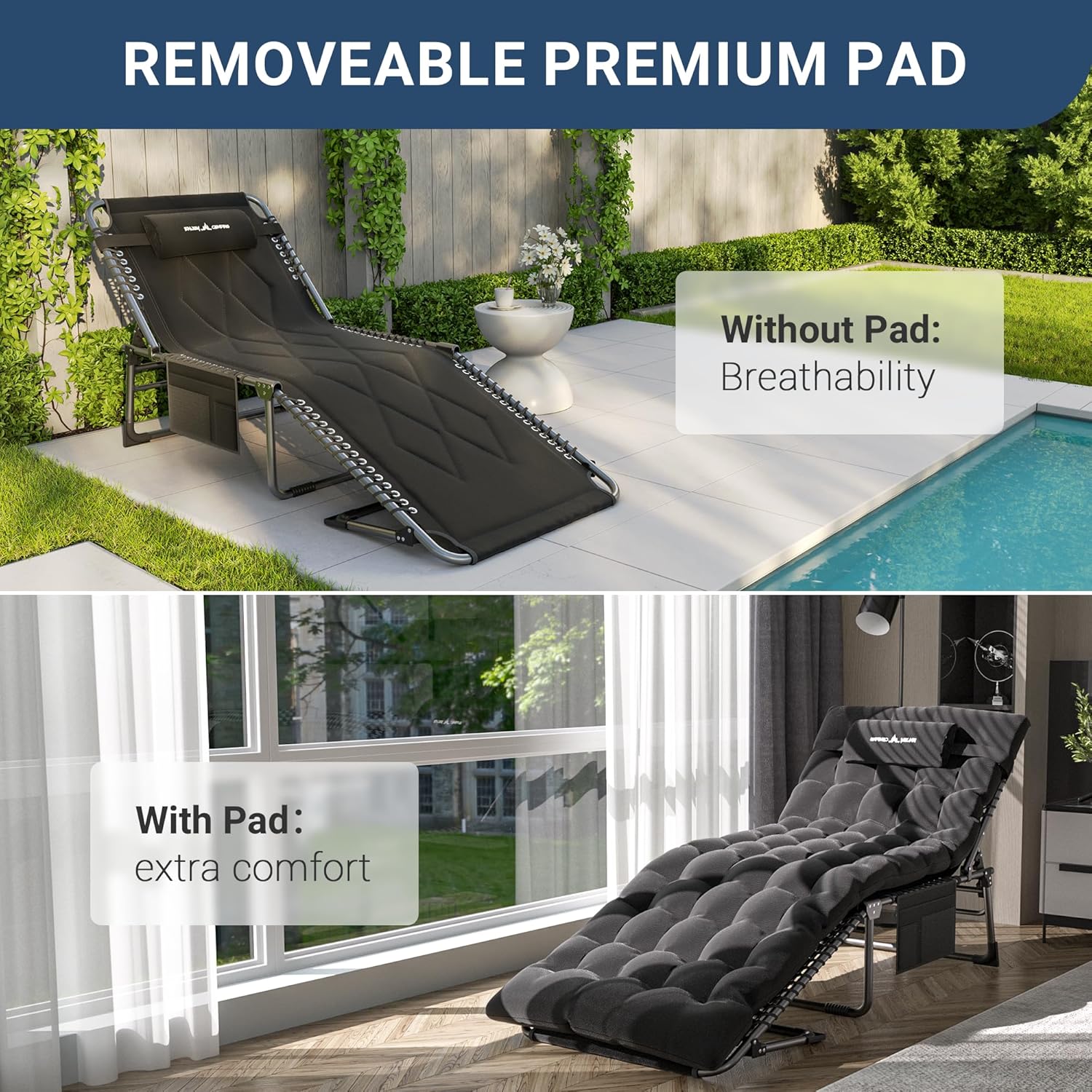 Catre de camping plegable acolchado para adultos con colchón de doble capa, ultra cómodo, tumbona portátil de 5 posiciones para exteriores e