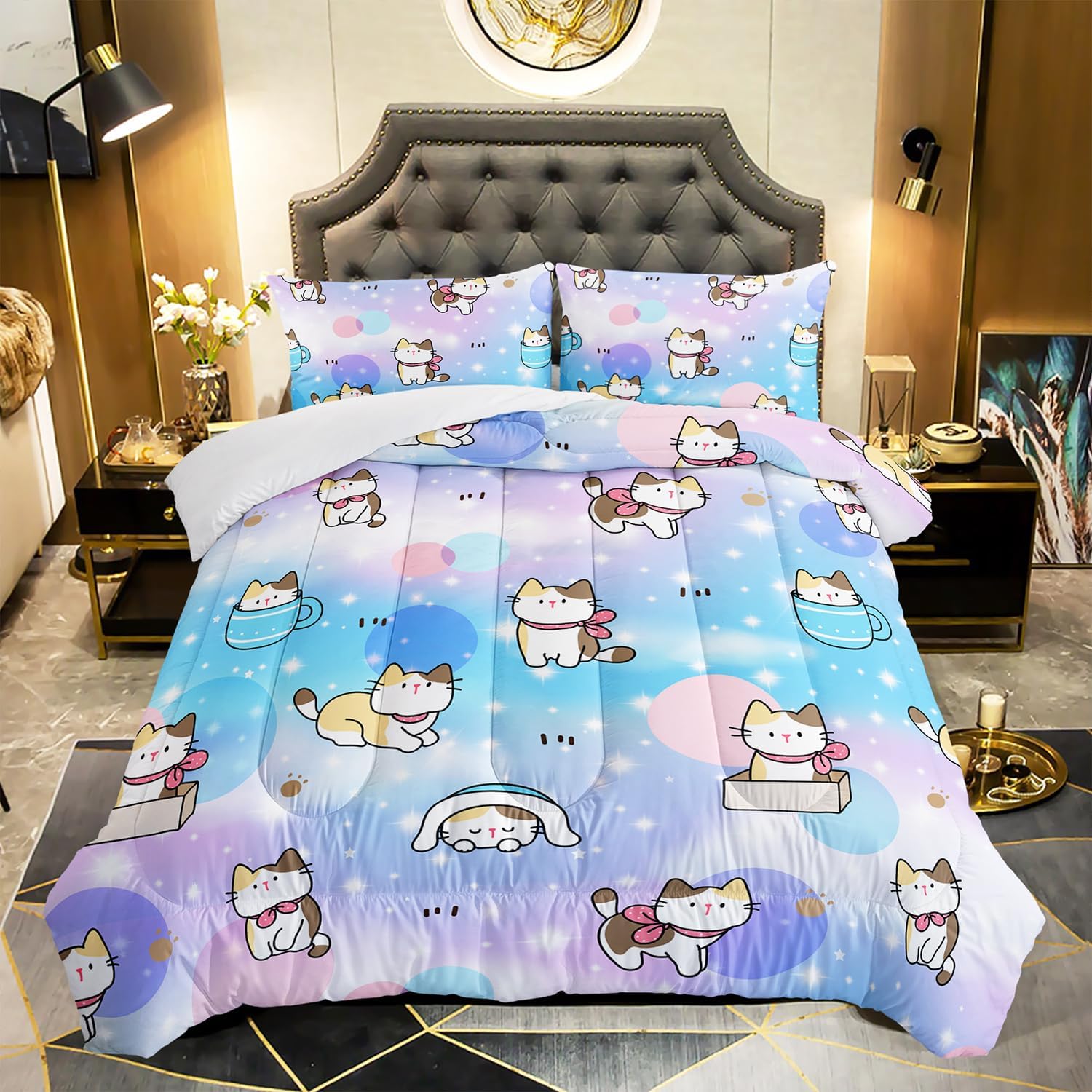 Juego de edredón para niños, tamaño matrimonial, 3 piezas, colorido arco iris con purpurina y estrellas, juego de ropa de cama con diseño de pata de