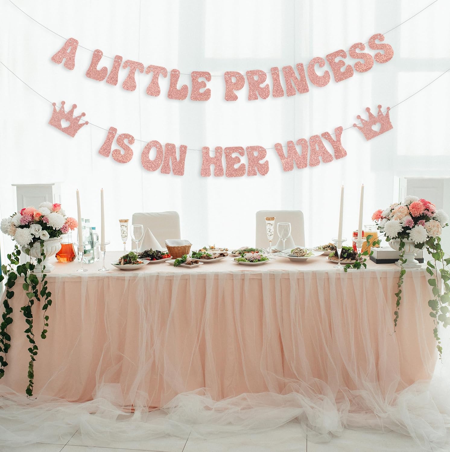 Cartel con texto en inglés “A Little Princess is on her Way”, decoraciones de princesa para baby shower, corona de revelación de género, suministros