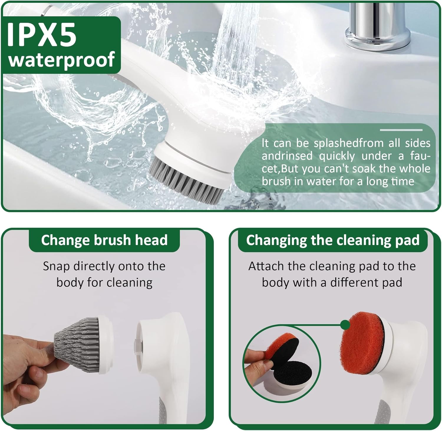 Electric Spin Scrubber with Charging Base-3Speeds, AzaRsd Shower Scrubber with Powerful Motor and 5 Replaceable Brush Heads, Rechargeable Cleaning