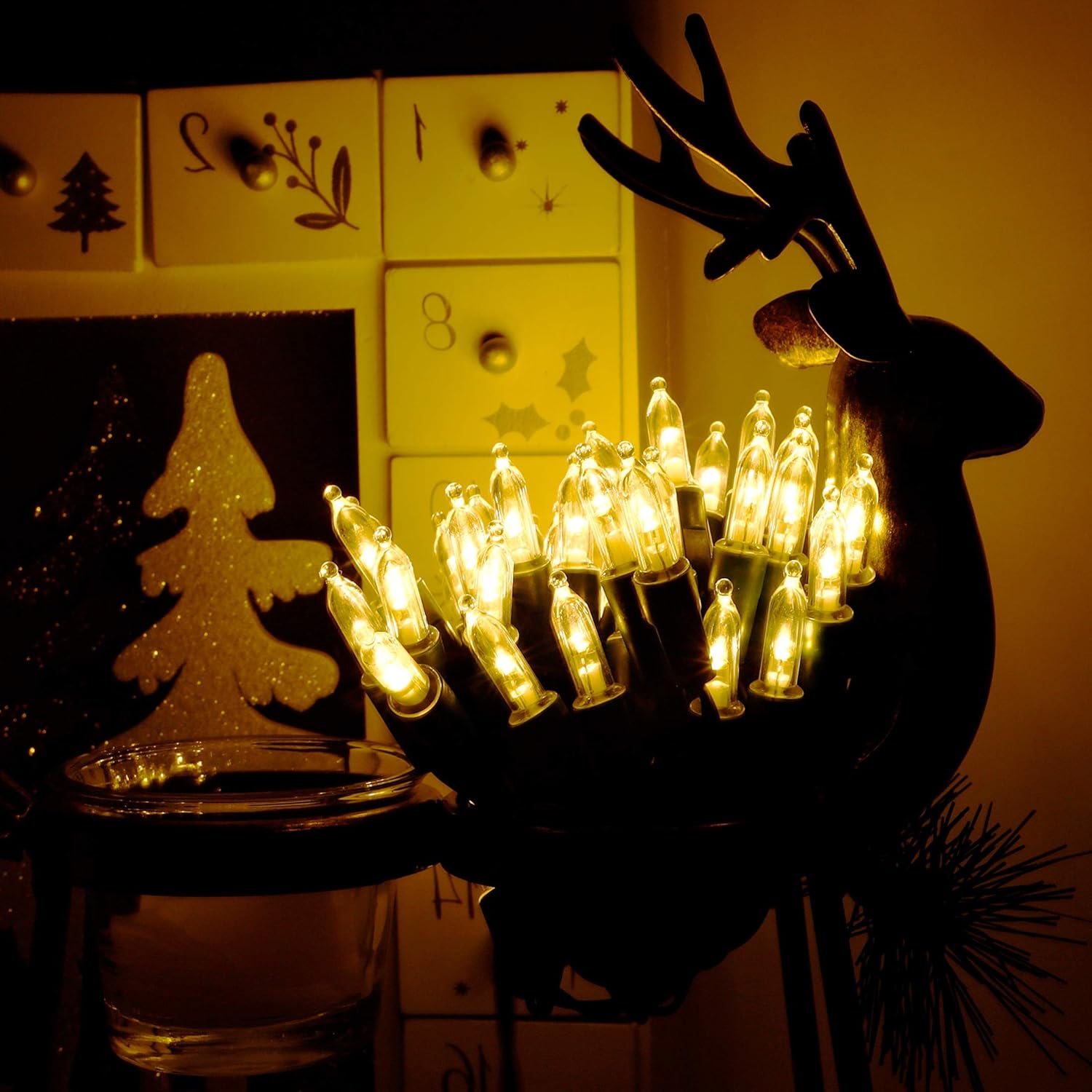 Joliyoou 50 luces LED de Navidad de color blanco cálido, 2 unidades de 16 pies, funciona con pilas, mini tira de luces de Navidad con 8 modos de