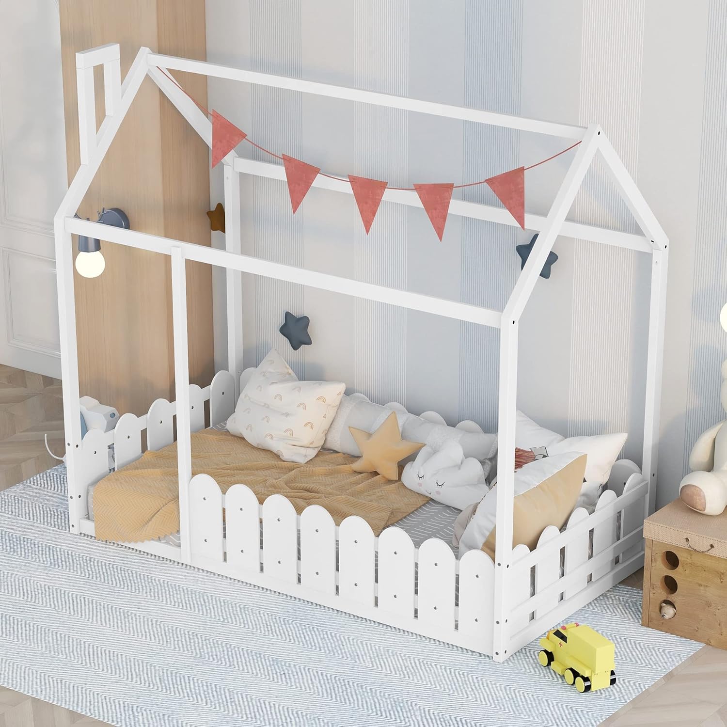 Harper & Bright Designs Marco de cama individual para niños, cama Montessori de madera individual con barandillas en forma de valla, marcos de cama