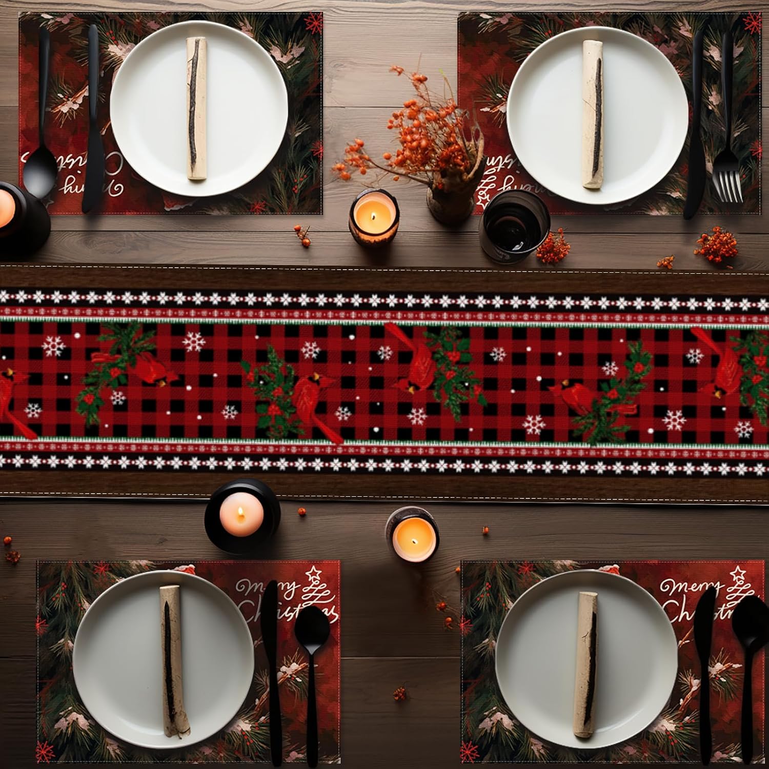 Camino de mesa de Navidad, cuadros y alces rojos y negros, decoración de mesa de Navidad, decoraciones de Navidad de invierno, decoración de mesa de