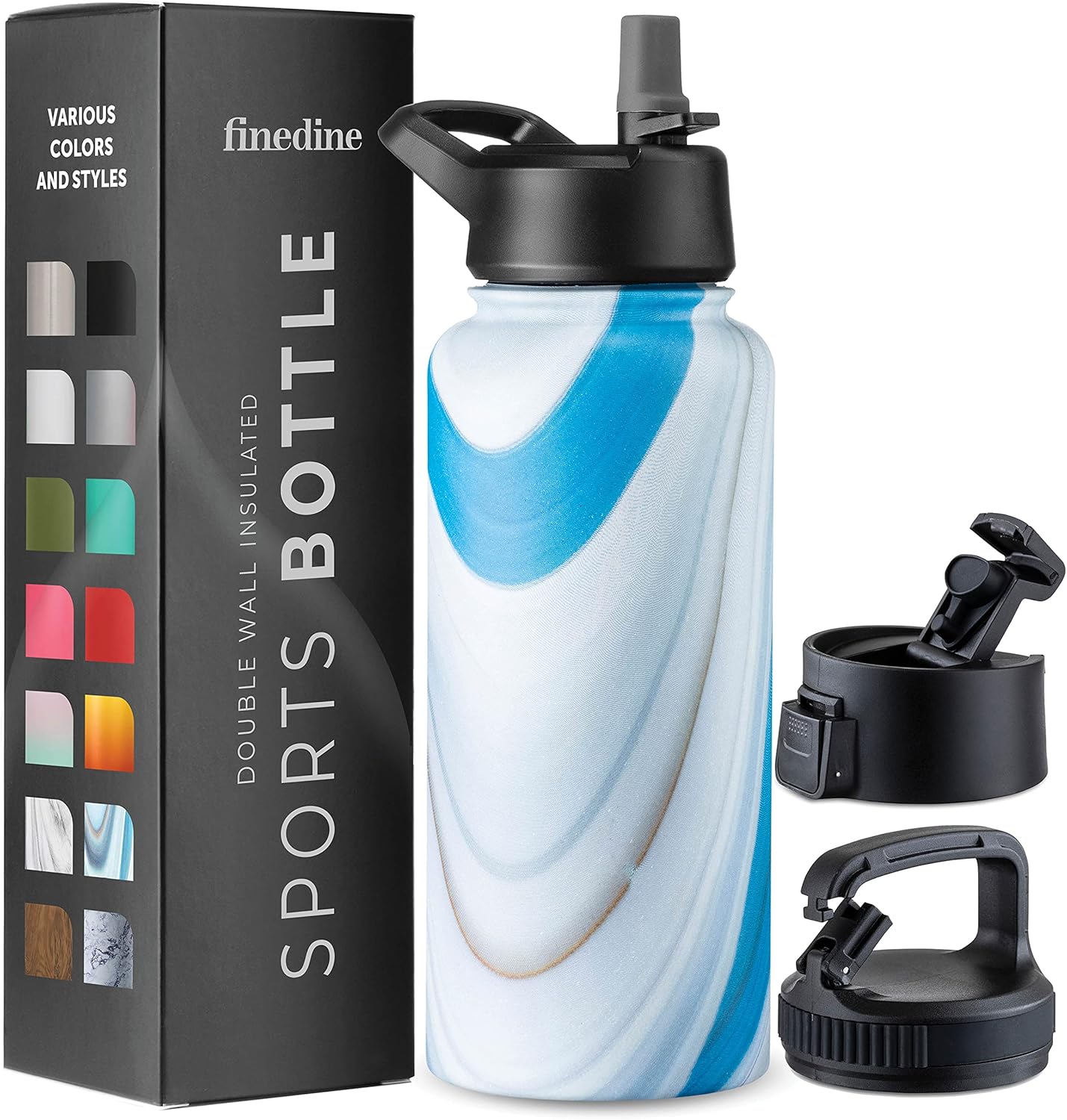 FineDine – Botella de agua de acero inoxidable con tapa de pajilla, tapa abatible, tapa de boca ancha (32 oz), botellas de agua aisladas, mantiene
