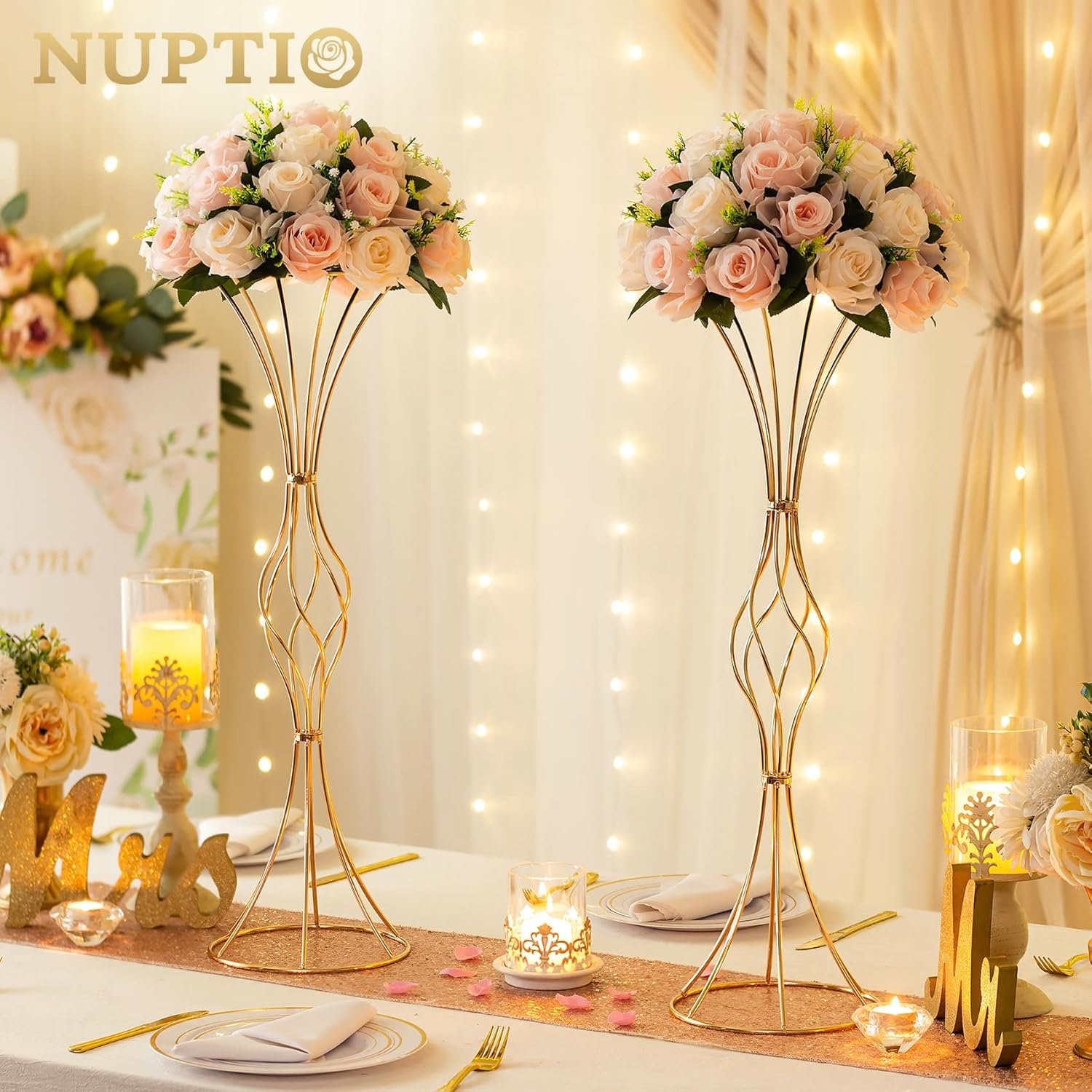 NUPTIO Jarrón de trompeta de metal dorado para bodas, 26 pulgadas de alto, 2 unidades