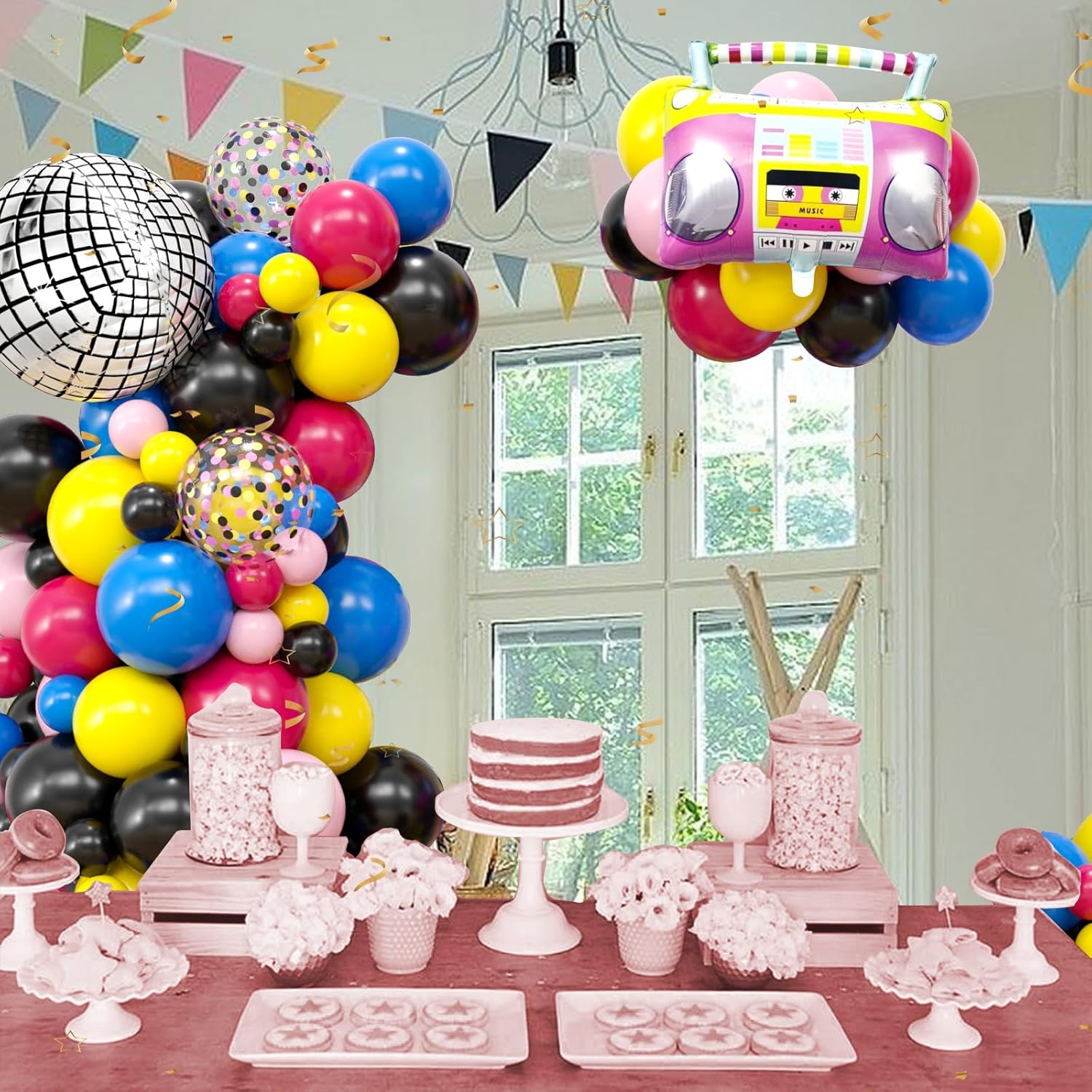 Decoraciones de fiesta temática de los años 80 y 90, kit de guirnalda de arco de globos de los años 80 y 90 con bola de discoteca inflable, radio,