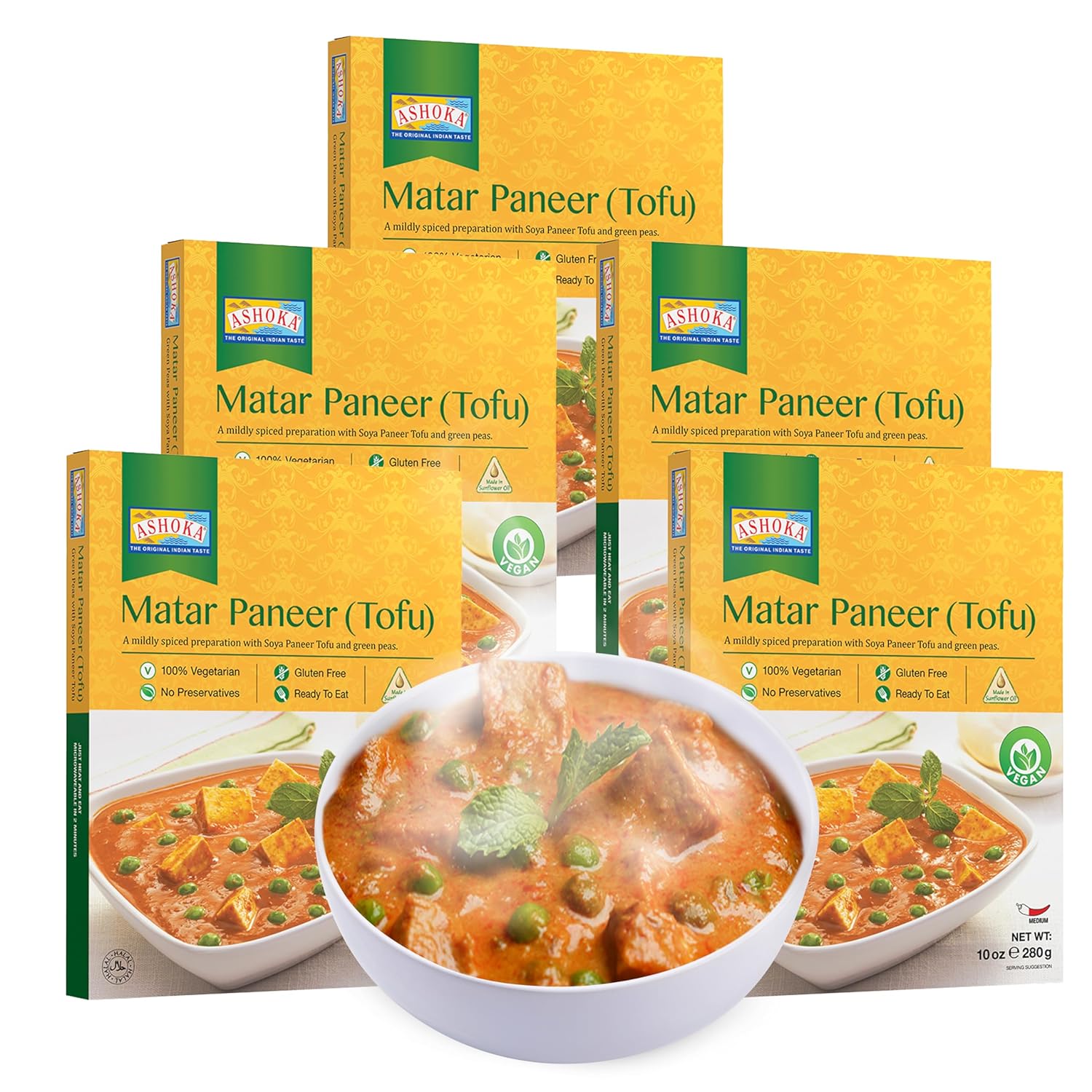 Ashoka Comidas indias listas para comer desde 1930, 100% vegano Matar Paneer (Tofu), comida india totalmente natural cocinada tradicionalmente, a