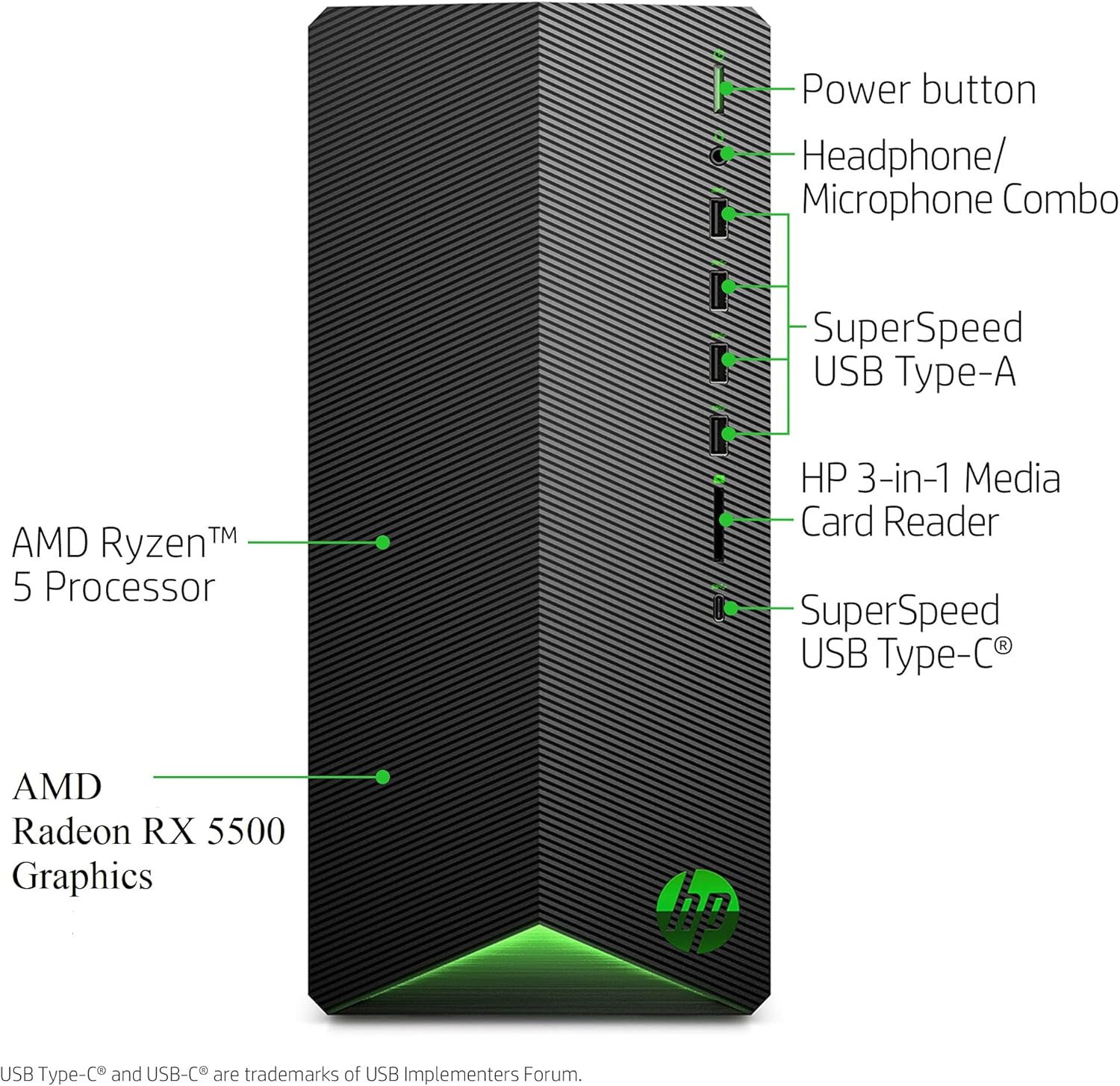 HP Pavilion – Escritorio para juegos, AMD Radeon RX 5500, procesador AMD Ryzen 5 5600G, 8 GB de RAM, SSD de 512 GB, Windows 11 Home, 9 puertos USB,
