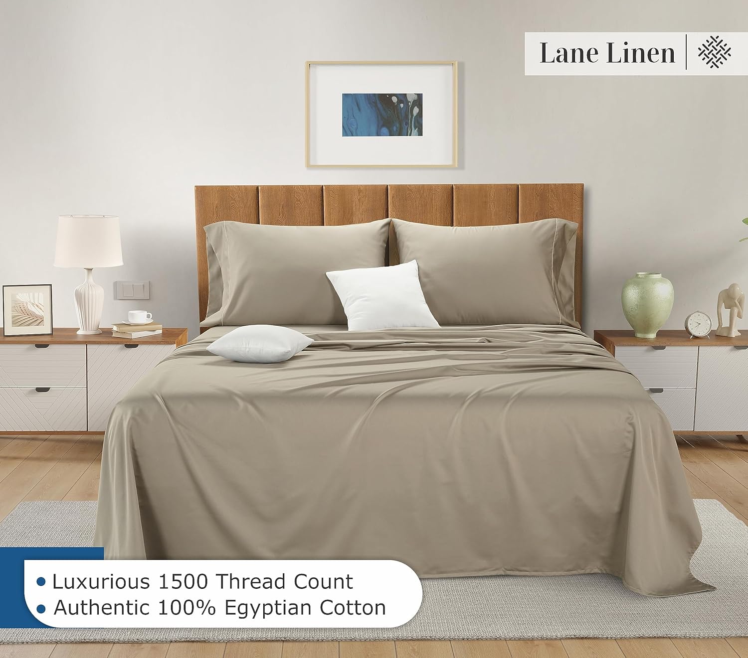 LANE LINEN Juego de sábanas de 100 % algodón egipcio, tamaño King, 1500 hilos, juego de 4 piezas, sábanas de algodón de lujo con tejido satinado,
