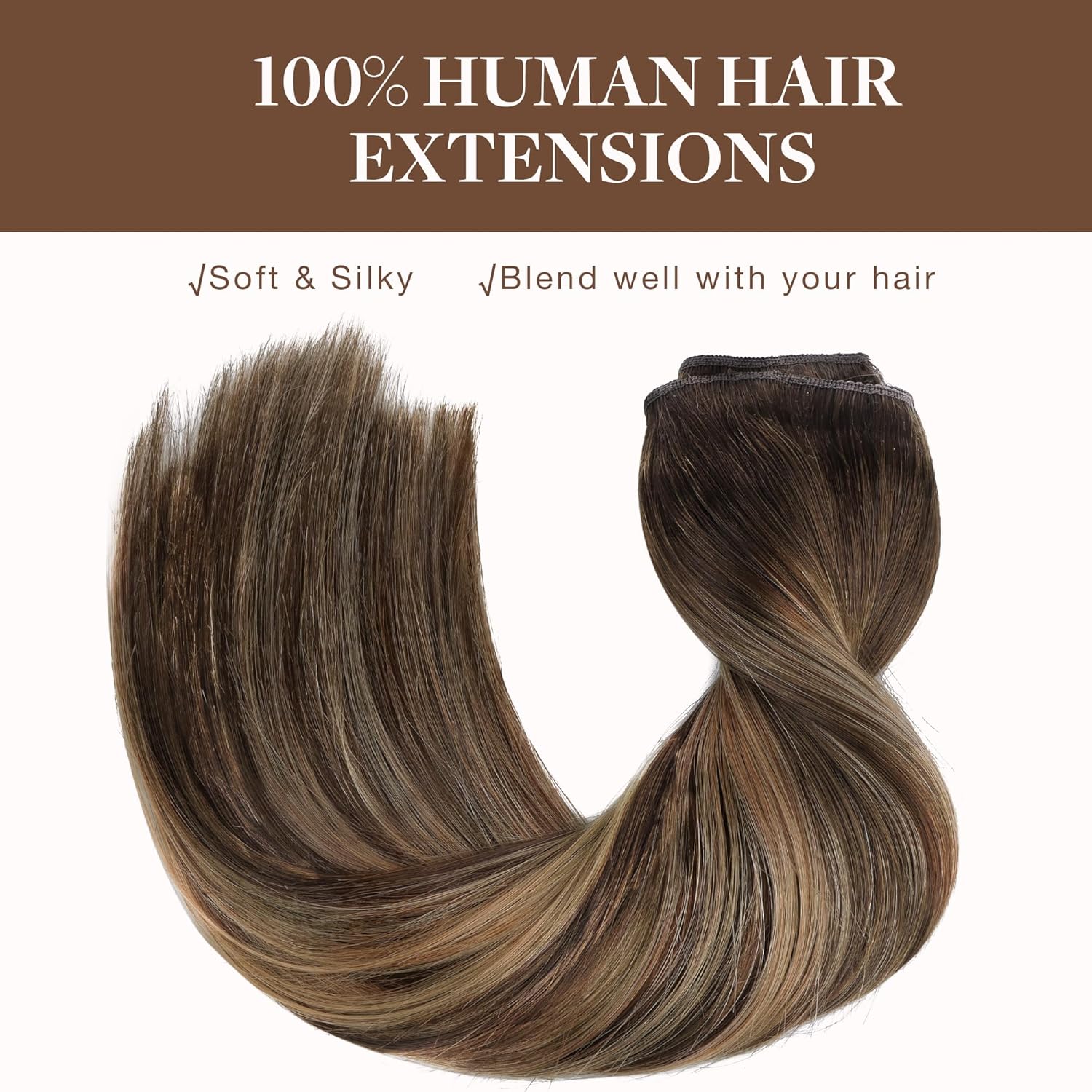 GOO GOO Extensiones de cabello humano real con alambre, 22 pulgadas, 3.88 oz de color marrón chocolate a rubio caramelo, extensiones de cabello con