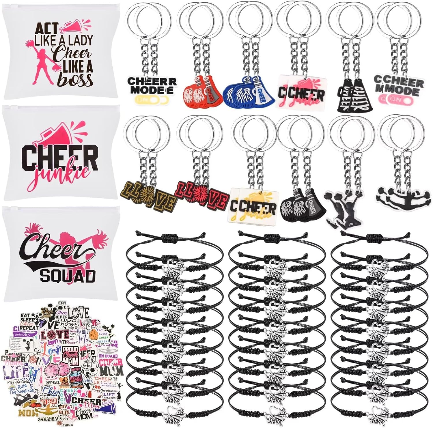 EllaYIDOI 122 piezas de regalos de animadora, 24 pulseras de animación, 24 llaveros de animación, 24 cremalleras, bolsa de maquillaje portátil para