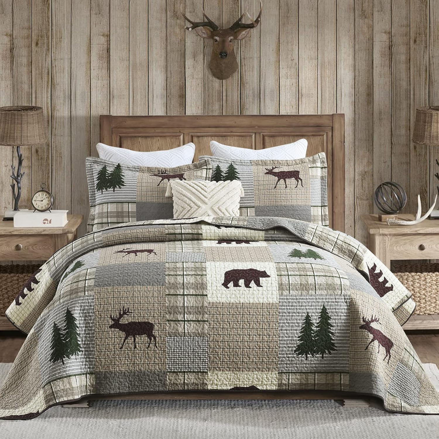 PERHOM Juego de edredón tamaño Queen  Juego de ropa de cama reversible de 100% algodón, diseño de mosaico, oso marrón, ciervo, retazos, con 2 fundas