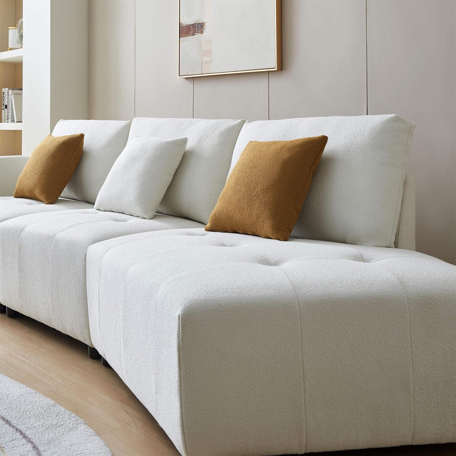Sofá modular de tela de peluche de 120 pulgadas para sala de estar, moderno sofá modular de 4 asientos con cojín de asiento copetudo con botón y 4