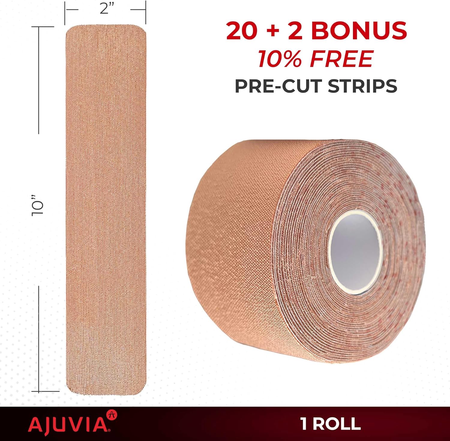 AJUVIA Cinta de kinesiología sintética, 1 rollo, 10% de bonificación, 20 + 2 tiras precortadas, dura hasta 14 días, cinta K hipoalergénica e