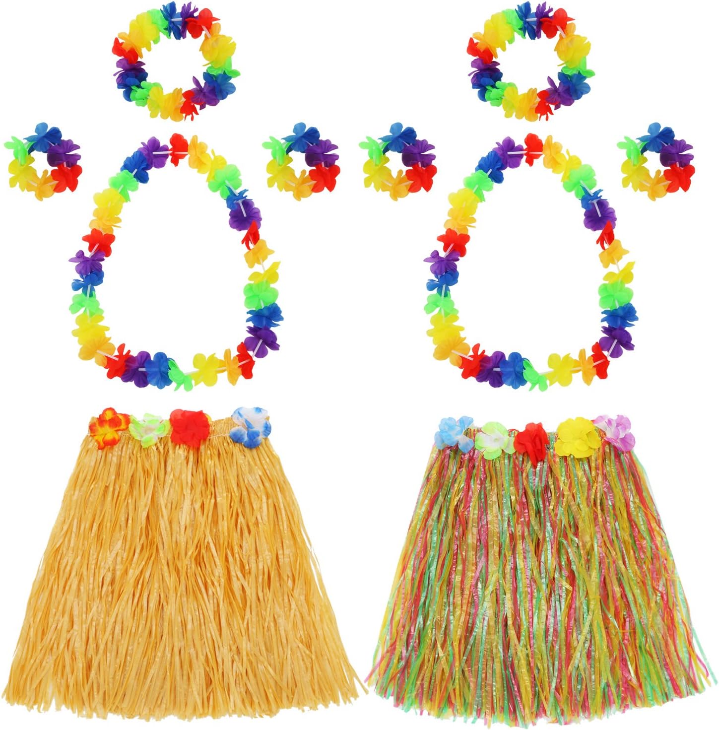 Shappy Juego de 2 faldas hula hawaianas de hierba Luau falda de baile con Leis para mujer, pulseras de flores, diadema y collar