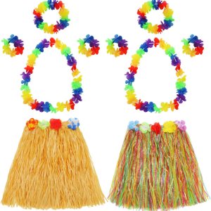 Shappy Juego de 2 faldas hula hawaianas de hierba Luau falda de baile con Leis para mujer, pulseras de flores, diadema y collar Shappy Juego de 2 faldas hula hawaianas de hierba Luau falda de baile con Leis para mujer, pulseras de flores, diadema y collar