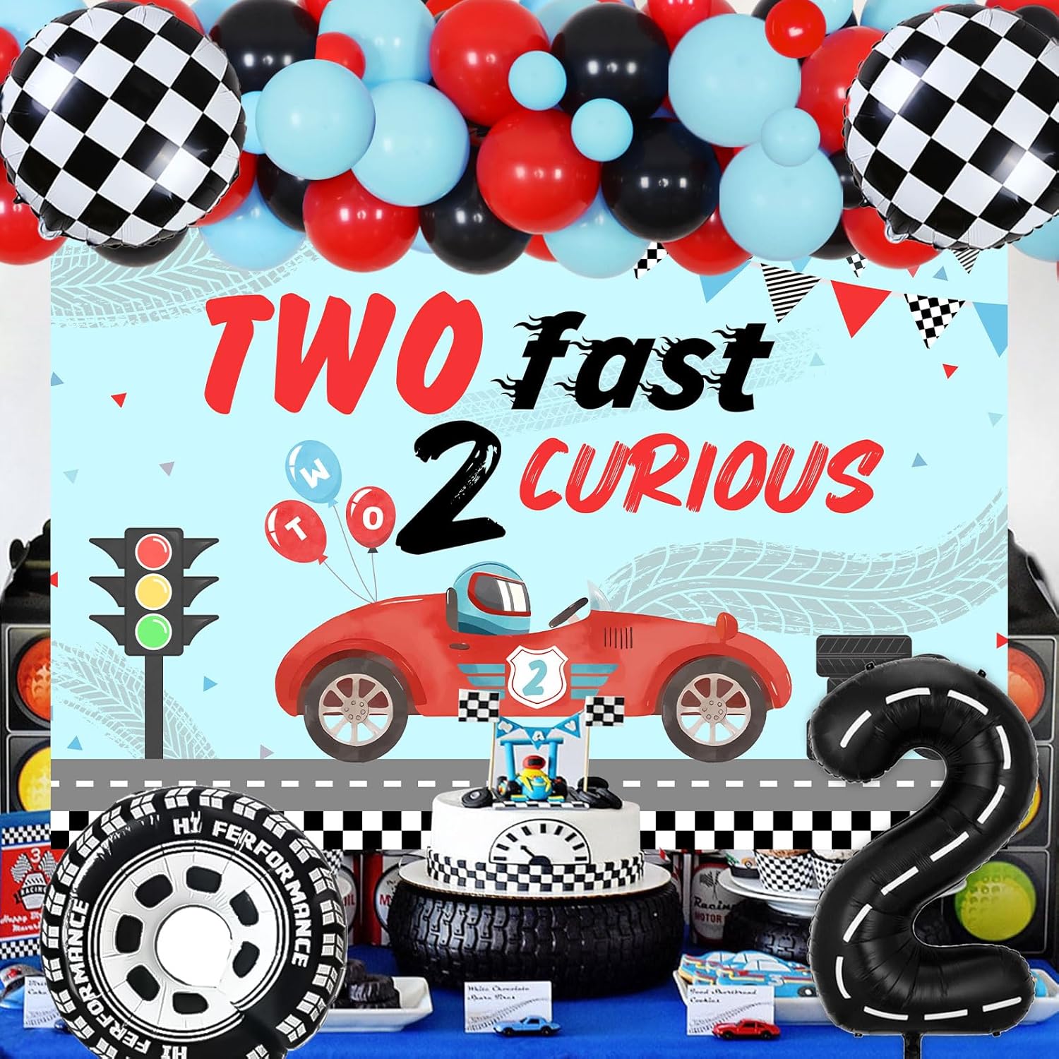Two Fast Two Curious – Decoraciones de cumpleaños para niño, decoración de segundo cumpleaños de coche de carreras, retro, rojo, negro, azul, arco
