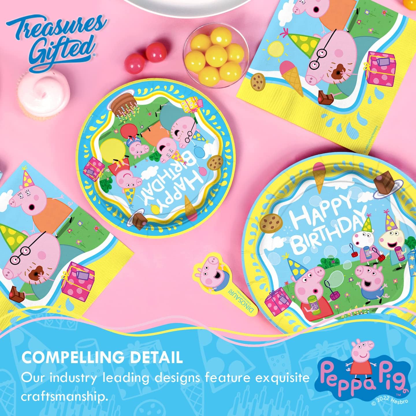 Treasures Gifted Suministros para fiesta de cumpleaños con licencia oficial de Peppa Pig, sirve para 24 invitados, juego clásico de vajilla –
