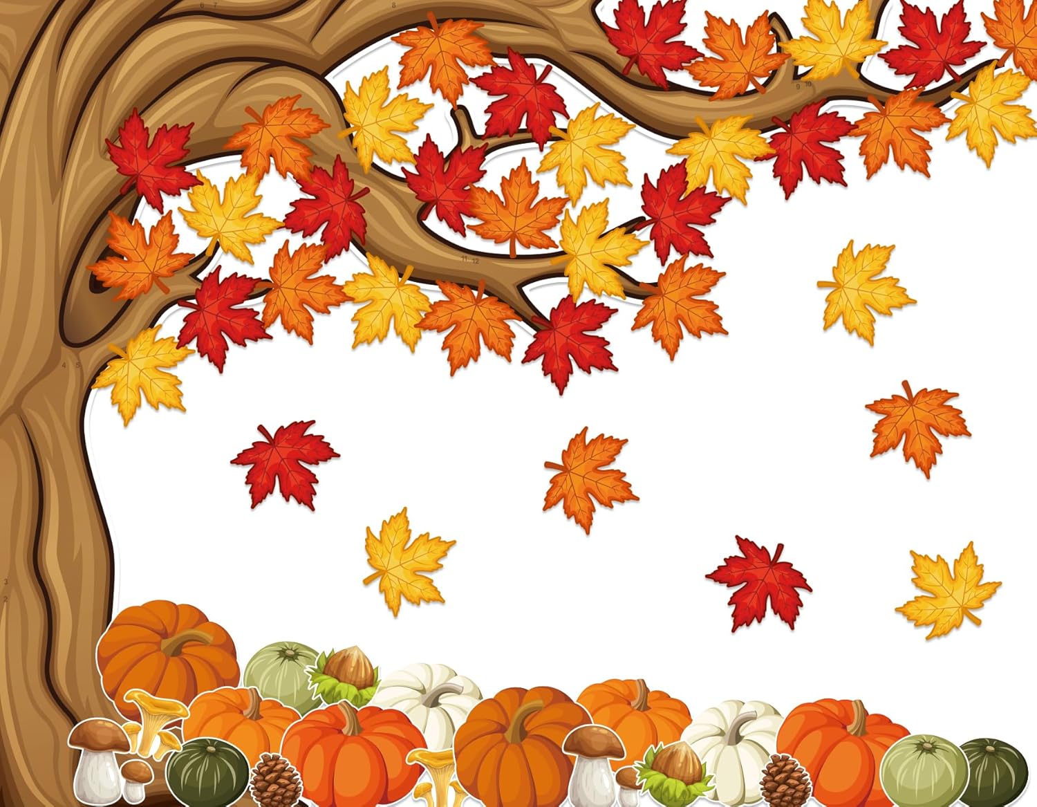 Juego de tablón de anuncios de árbol grande de 4 pies, decoración de tablón de anuncios de otoño con hojas de arce, recortes de calabazas para aula,