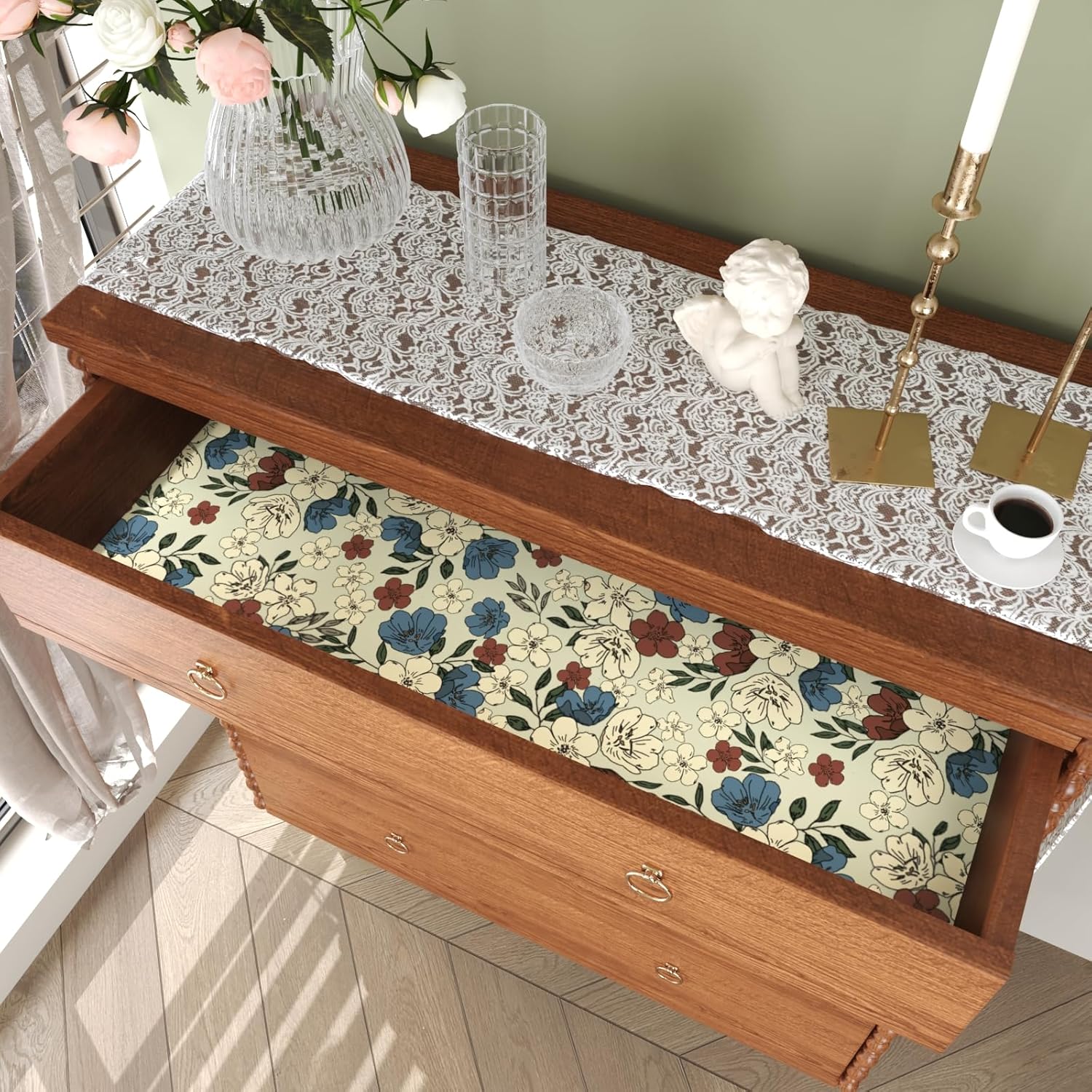 KIKitchen Papel tapiz floral vintage para despegar y pegar de 17.5 x 118 pulgadas, papel de contacto de flores, papel tapiz extraíble autoadhesivo,
