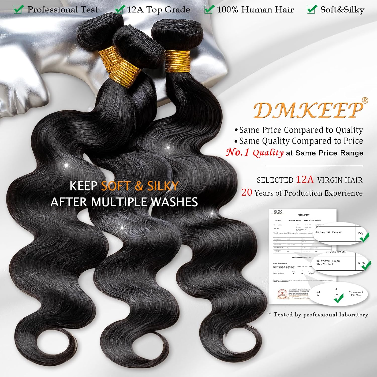DMKEEP Manojos de cabello humano 12A de 20, 22, 24 pulgadas, paquetes de cabello humano ondulado 100% sin procesar, cabello humano virgen brasileño
