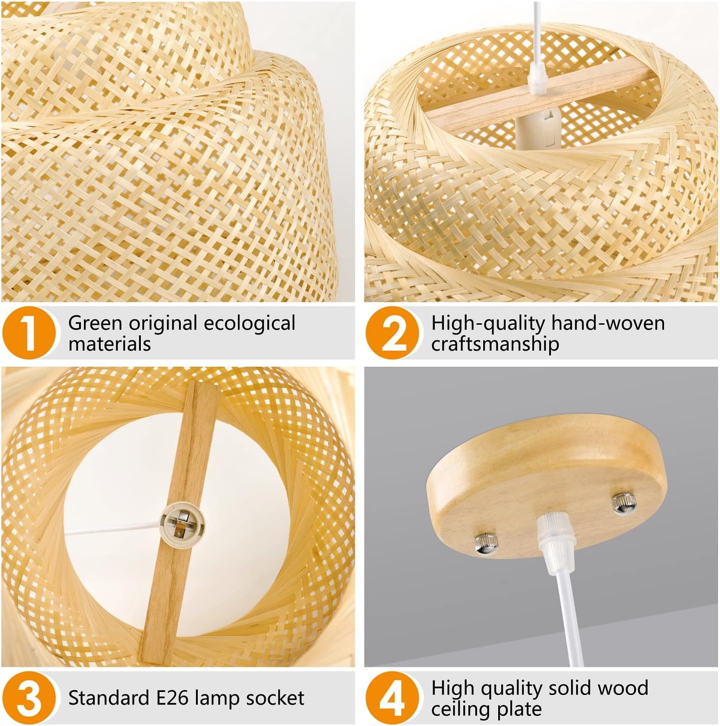 Lámpara colgante de bambú, lámpara colgante tejida a mano de 15.7 pulgadas, lámpara de techo bohemia, lámpara de ratán natural beige para cocina,