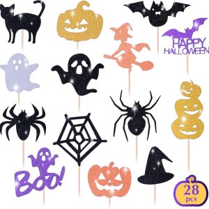 Juego de adornos para cupcakes de Halloween, juego de 28 piezas brillantes, estrella fantasma de bruja murciélago, decoración de palillos de comida Juego de adornos para cupcakes de Halloween, juego de 28 piezas brillantes, estrella fantasma de bruja murciélago, decoración de palillos de comida