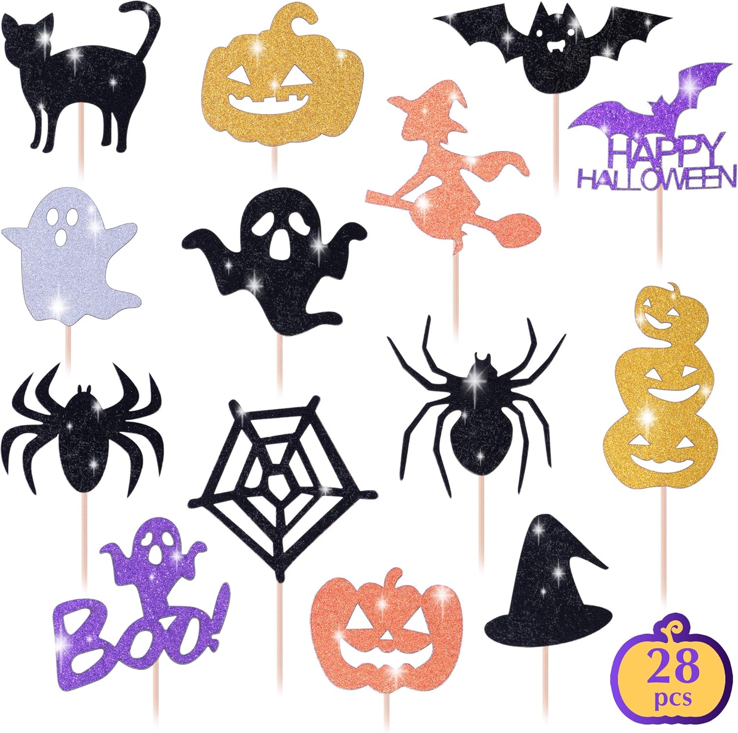 Juego de adornos para cupcakes de Halloween, juego de 28 piezas brillantes, estrella fantasma de bruja murciélago, decoración de palillos de comida