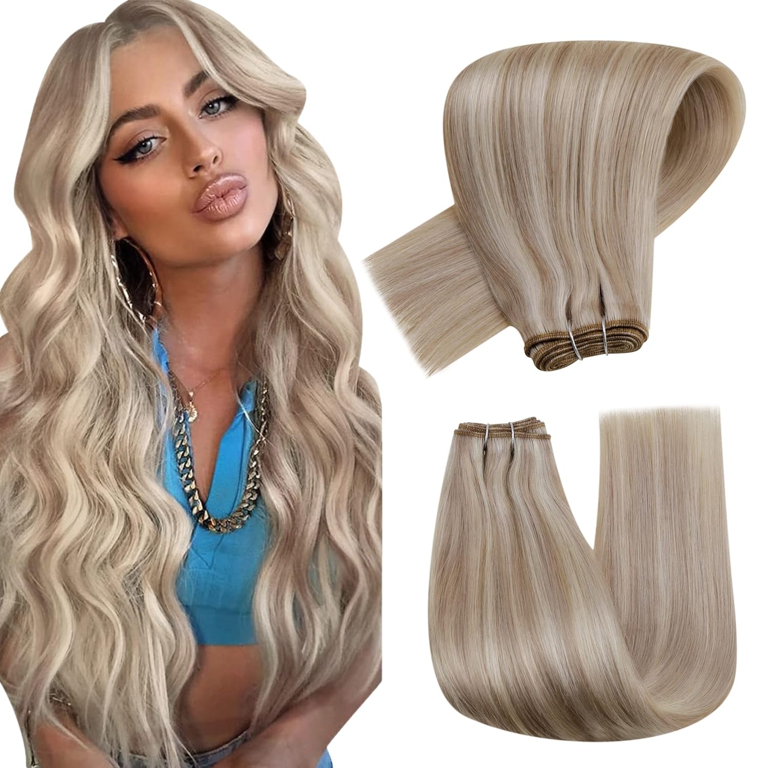 Hetto Extensiones de cabello humano rubio con trama para coser, extensiones de cabello humano #18613, color rubio #18613, extensiones de cabello