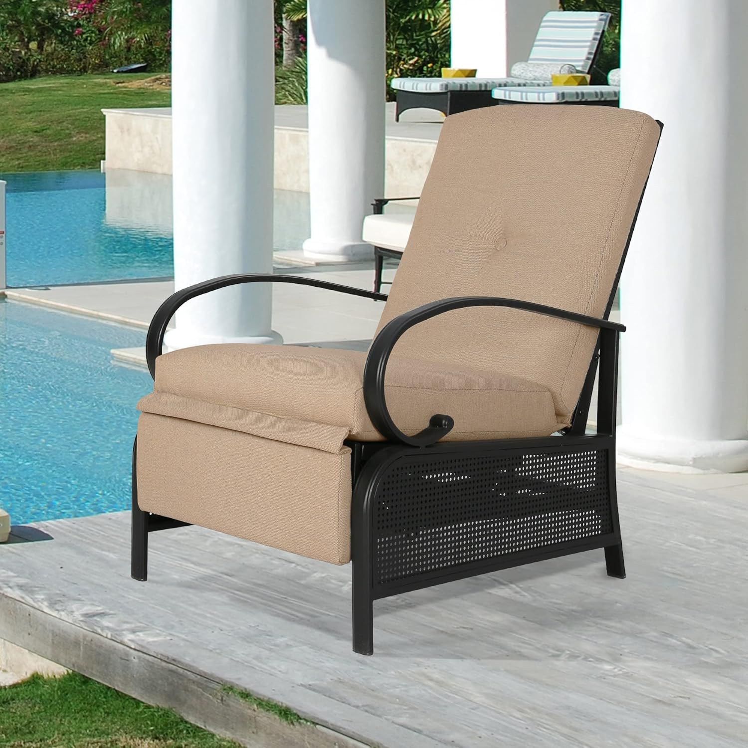 Sillón reclinable ajustable para exteriores, silla reclinable para patio con fuerte marco de metal extensible y cojines extraíbles para lectura o