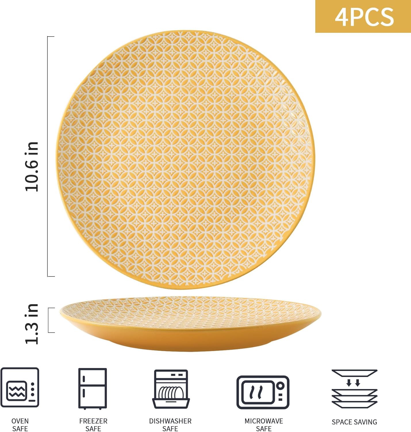 YELLOYA Juego de 4 platos llanos grandes de 10.5 pulgadas, platos redondos de cerámica, modernos platos para cocina, aptos para lavavajillas y