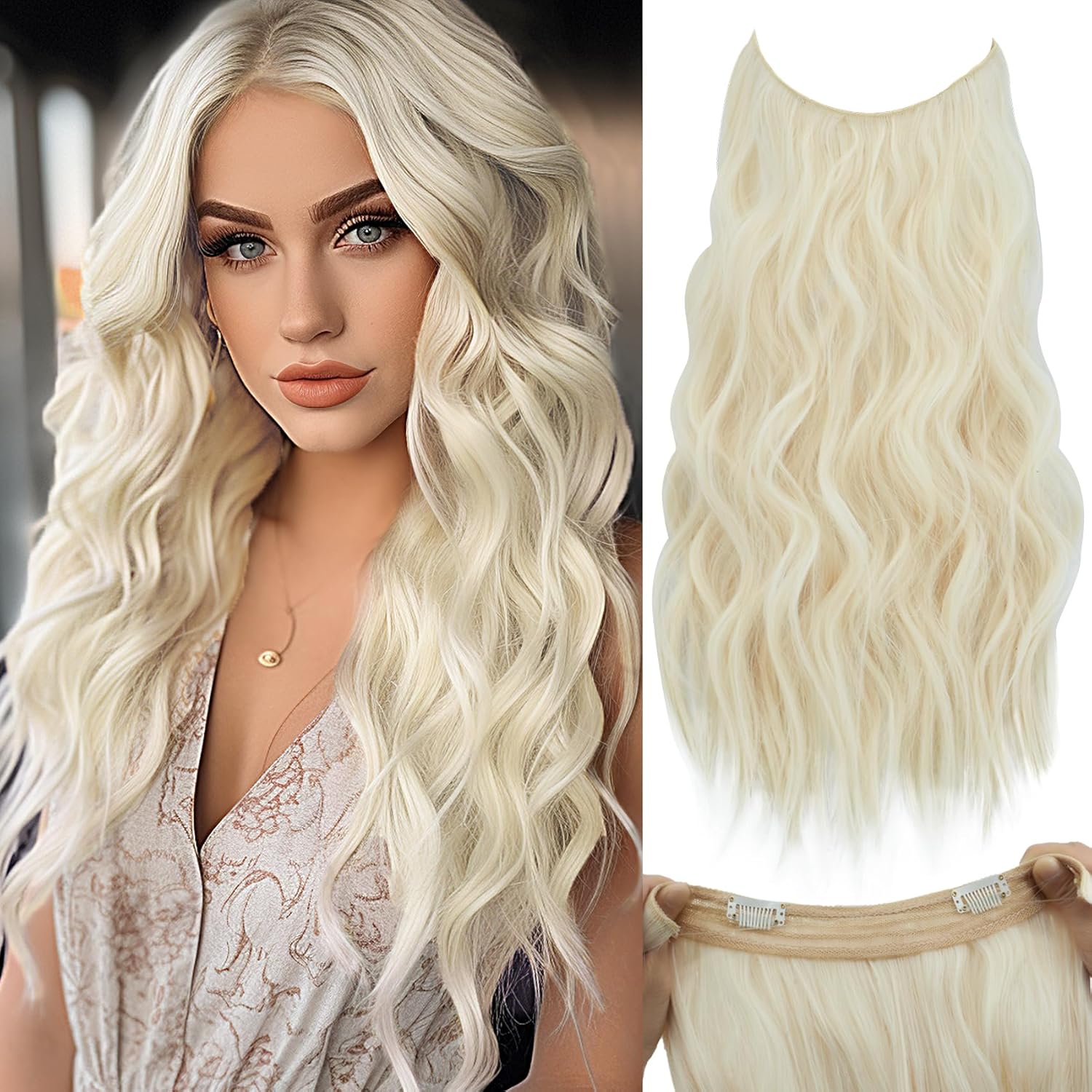 Lynclare Extensiones de cabello ondulado con alambre invisible con diadema ajustable transparente, color castaño claro de 24 pulgadas, extensiones