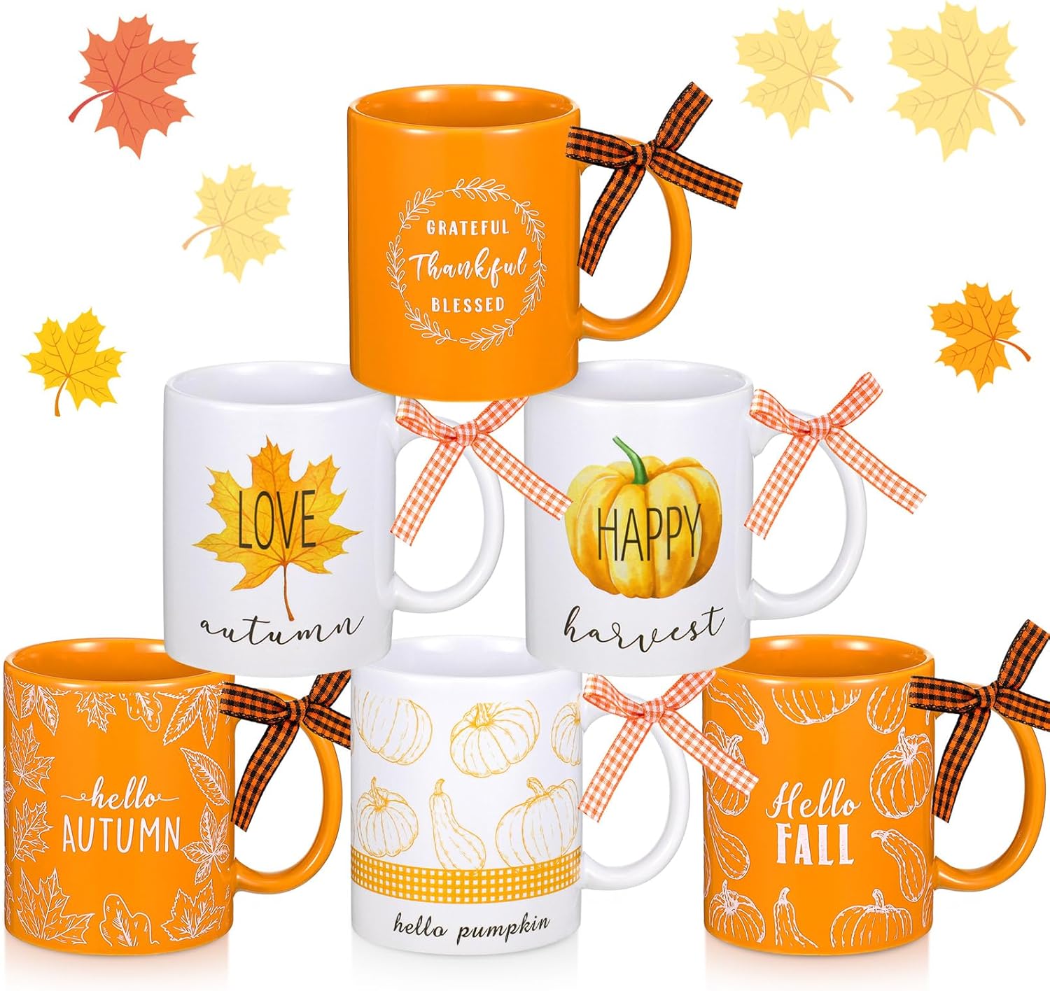 Juego de 6 tazas de café de 11 onzas para Acción de Gracias, regalos de otoño, tazas de café de cerámica, diseño de hojas de arce, decoración de