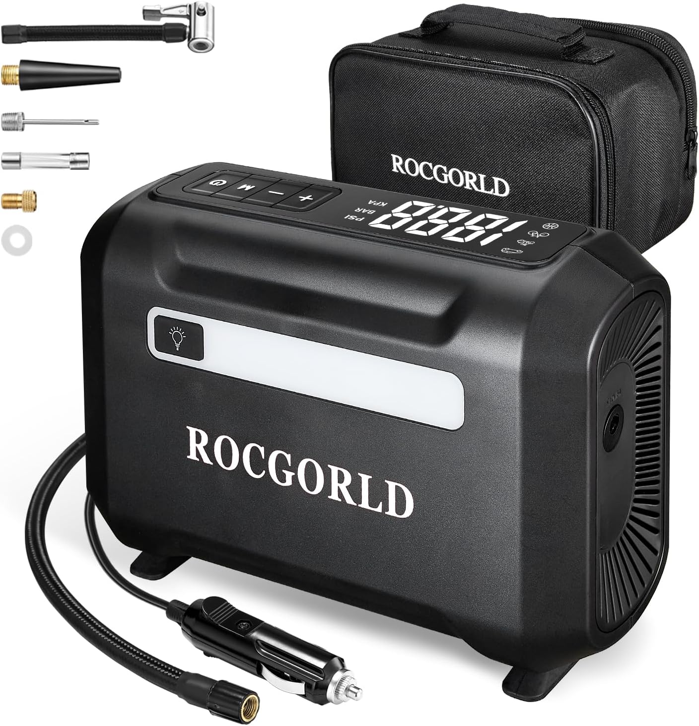 ROCGORLD Inflador de neumáticos R7 Compresor de aire portátil, bomba de aire de neumáticos de automóvil de 12 V CC con función de apagado