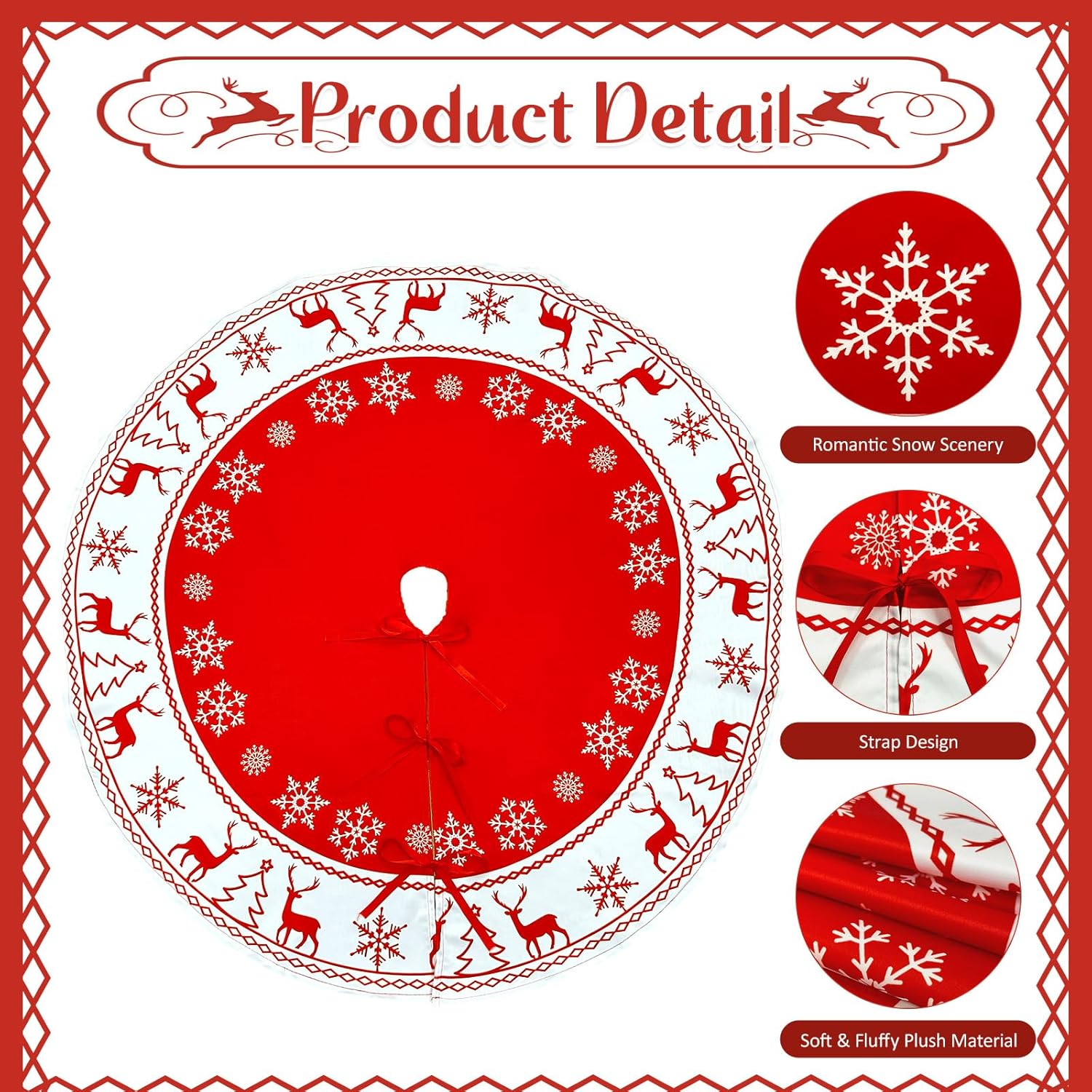 OurWarm Falda de árbol de Navidad de 48 pulgadas, faldas grandes para árbol de Navidad con patrón de copo de nieve y reno, tapete de árbol rojo y
