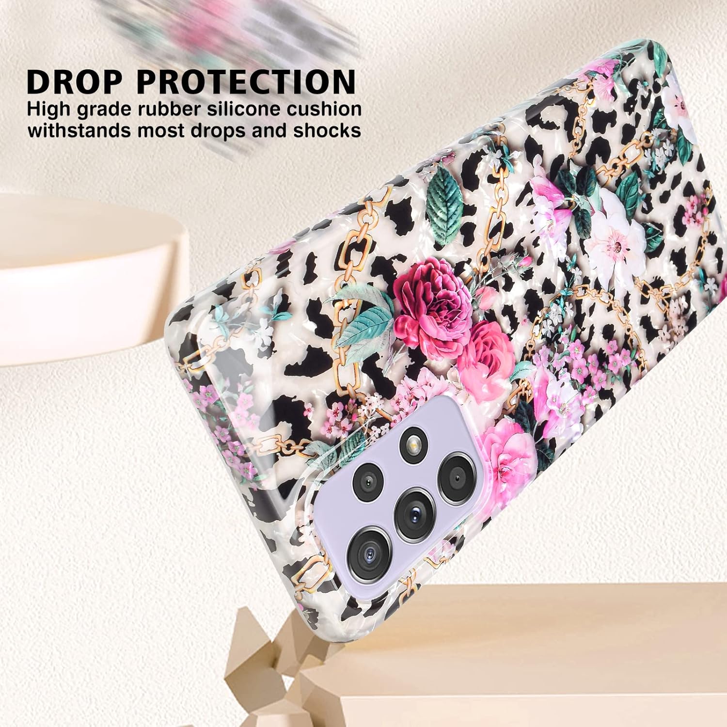 Funda cuadrada de flores para Samsung Galaxy A53 5G con patrón de concha de leopardo, bonito diseño de purpurina para mujeres y niñas, a prueba de
